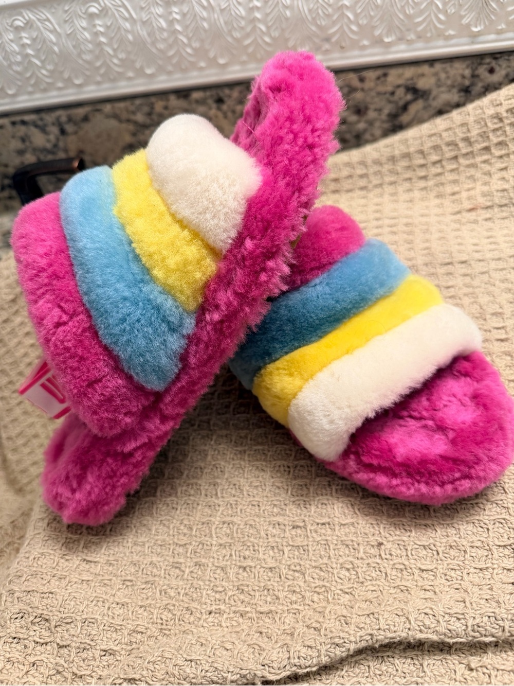 UGG Multicolor Plush Rainbow Shearling Slide Slippers - Pink Blue Yellow Cream - Picture 6 of 7